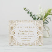 Great Gatsby Art Deco Gold White Save the Date (Stehend Vorderseite)