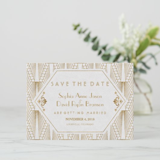 Great Gatsby Art Deco Gold White Save the Date (Stehend Vorderseite)