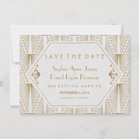 Great Gatsby Art Deco Gold White Save the Date (Vorderseite)