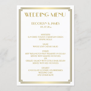Great Gatsby Art Deco Gold White Wedding Menü Menükarte