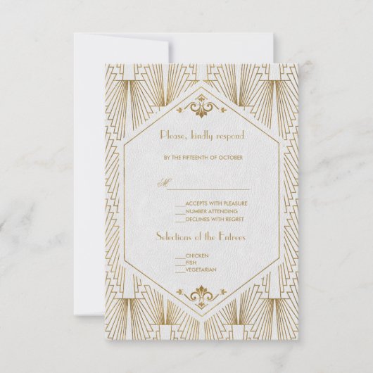 Great Gatsby Art Deco Gold White Wedding RSVP (Vorderseite)