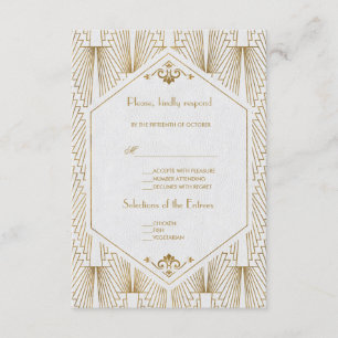 Great Gatsby Art Deco Gold White Wedding RSVP Karte
