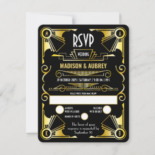 Great Gatsby Art Deco Hochzeit Opulent Gold & Blac RSVP Karte