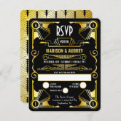 Great Gatsby Art Deco Hochzeit Opulent Gold & Blac RSVP Karte (Vorne/Hinten)
