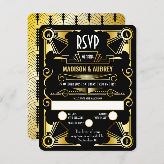 Great Gatsby Art Deco Hochzeit Opulent Gold & Blac RSVP Karte (Vorne/Hinten)