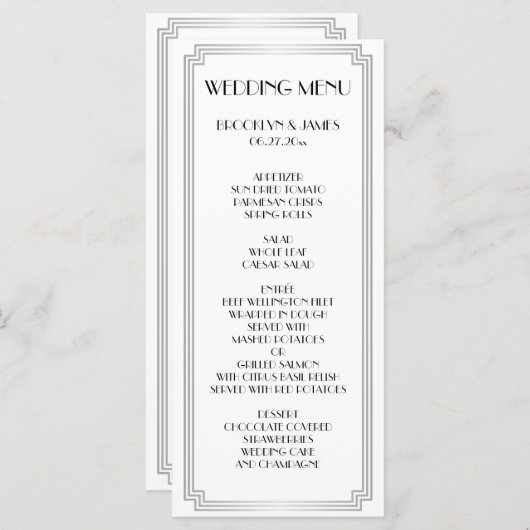 Great Gatsby Art Deco Silver Wedding Menu Card Menükarte (Vorne/Hinten)