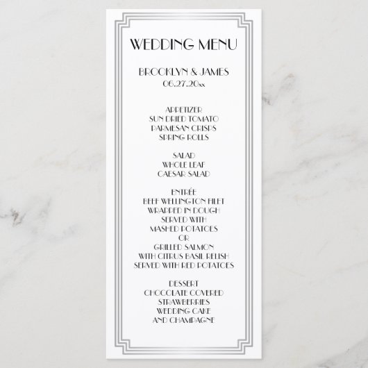 Great Gatsby Art Deco Silver Wedding Menu Card Menükarte (Vorderseite)