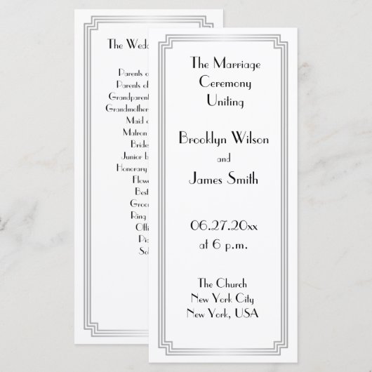 Great Gatsby Art Deco Silver Wedding Programme (Vorne/Hinten)