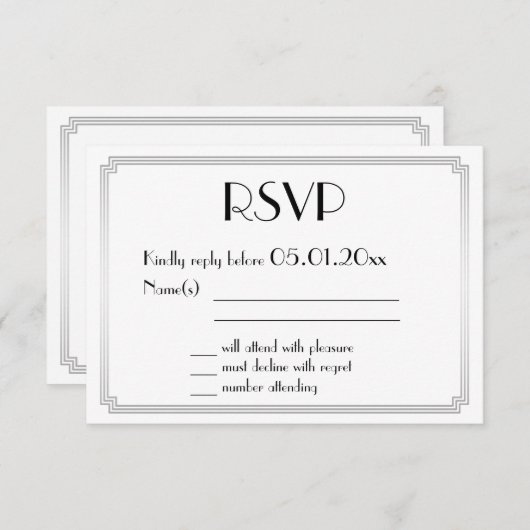 Great Gatsby Art Deco Silver Wedding RSVP Cards (Vorne/Hinten)