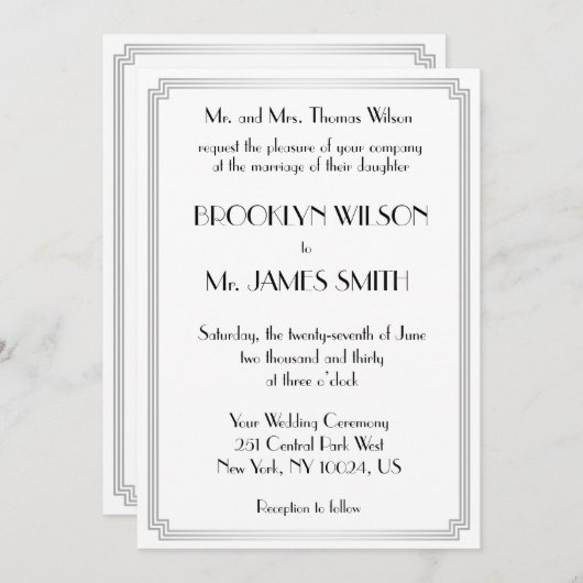 Great Gatsby Art Deco Silver White Wedites Einladu Einladung (Vorne/Hinten)