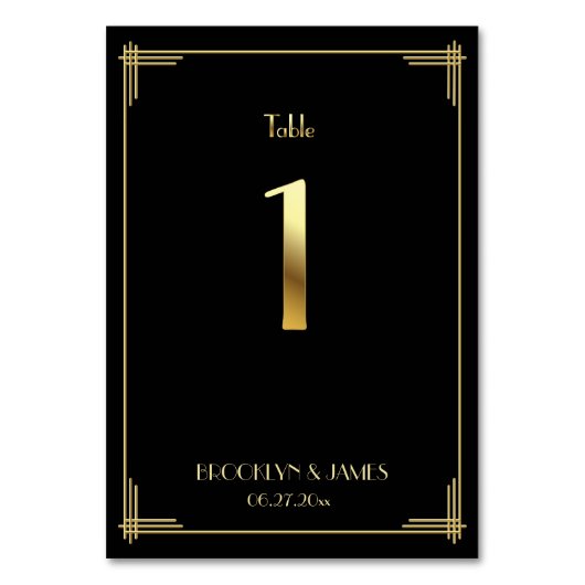 Great Gatsby Art Deco Tischnummer 1 Gold Schwarz (Rückseite)