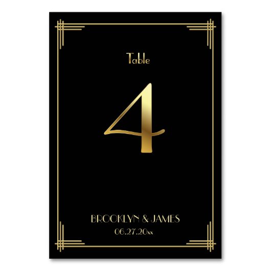 Great Gatsby Art Deco Tischnummer 4 Gold Schwarz (Rückseite)