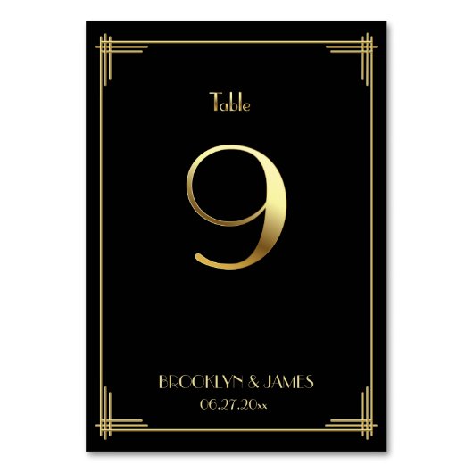 Great Gatsby Art Deco Tischnummer 9 Gold Schwarz (Vorderseite)