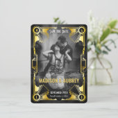 Great Gatsby Art Deco Wedding Gold & Black Foto Save The Date (Stehend Vorderseite)