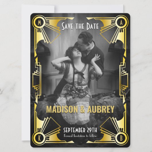 Great Gatsby Art Deco Wedding Gold & Black Foto Save The Date (Vorderseite)