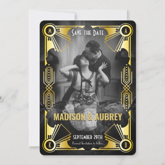 Great Gatsby Art Deco Wedding Gold & Black Foto Save The Date (Vorderseite)