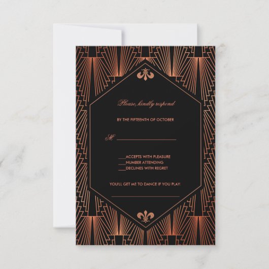 Great Gatsby Copper Art Deco Song Anfrage Hochzeit RSVP Karte (Vorderseite)