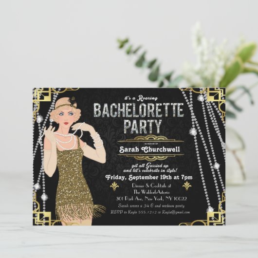 Great Gatsby Flapper Girl Bachelorette Einladung (Stehend Vorderseite)