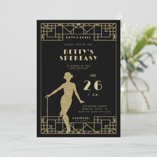 Great Gatsby Flapper Roaring 20 Speakeasy Geburtst Einladung (Stehend Vorderseite)