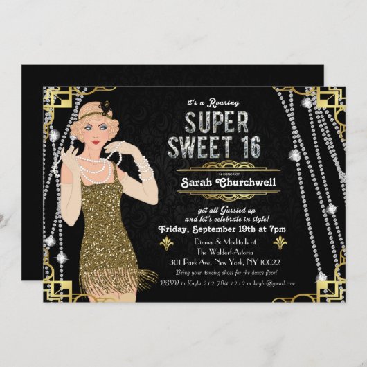 Great Gatsby Flapper Sweet 16 Birthday Einladung (Vorne/Hinten)