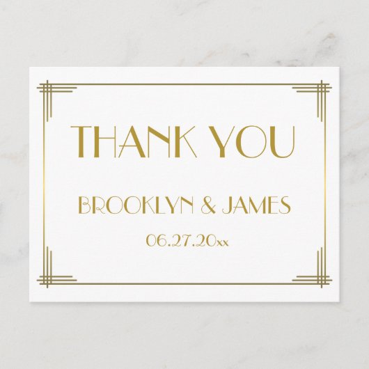 Great Gatsby Gold Art Deco Hochzeit Vielen Dank Postkarte (Vorderseite)