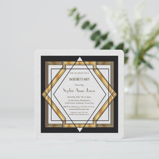 Great Gatsby Gold White Art Dec Junggeselinnen-Abs Einladung (Stehend Vorderseite)