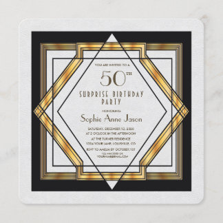 Great Gatsby Gold White Art Deco 50 Geburtstagspar Einladung