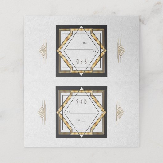 Great Gatsby Gold White Art Deco Hochzeit Platzkarte (Außenseite Aufgefaltet)