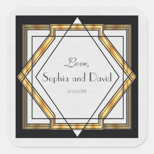 Great Gatsby Gold White Art Deco Hochzeit Quadratischer Aufkleber (Vorderseite)
