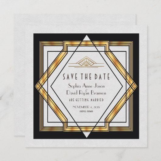 Great Gatsby Gold White Art Deco Save the Date (Vorne/Hinten)