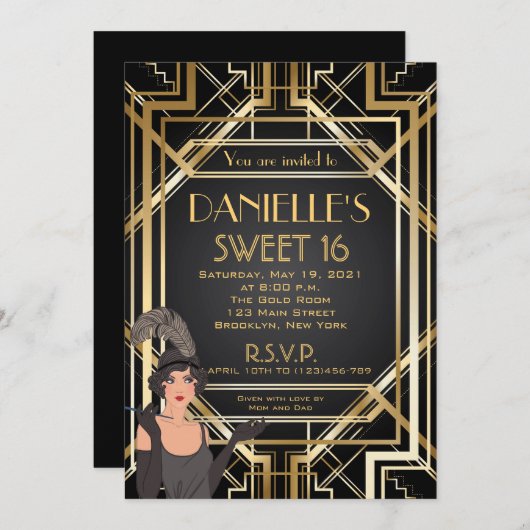 Great Gatsby Inspiriert Art Deco Sweet 16 Einladun Einladung (Vorne/Hinten)