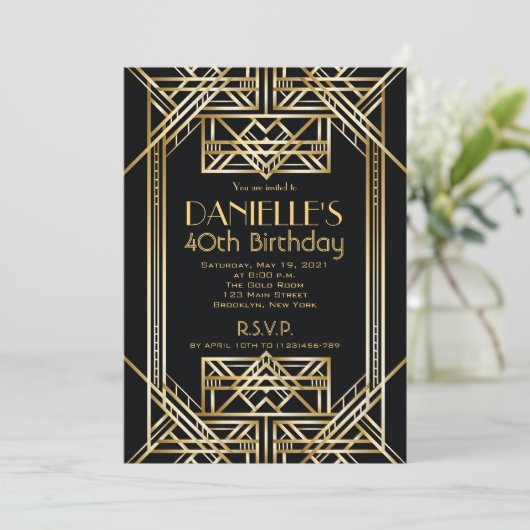 Great Gatsby Inspirred Art Deco Birthday Einladung (Stehend Vorderseite)
