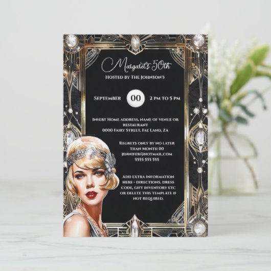 Great Gatsby roaring 20er flappart Deko Einladung (Stehend Vorderseite)