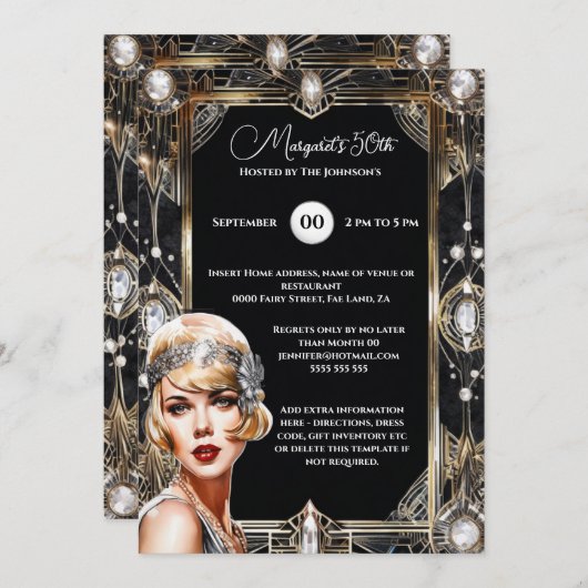 Great Gatsby roaring 20er flappart Deko Einladung (Vorne/Hinten)