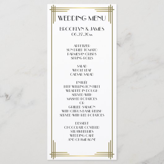 Great Gatsby White Art Deco Wedding Menu Card Menükarte (Vorderseite)