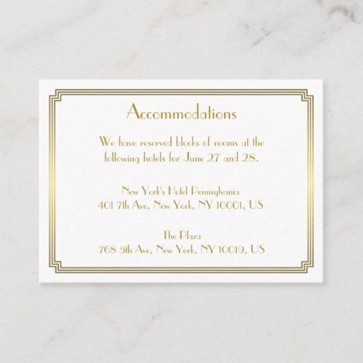 Great Gatsby White Wedding Unterkunft Cards Begleitkarte (Vorderseite)