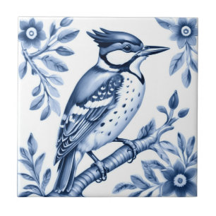 Great Gepunktet Woodpecker Bird Delft Blue und Whi Fliese
