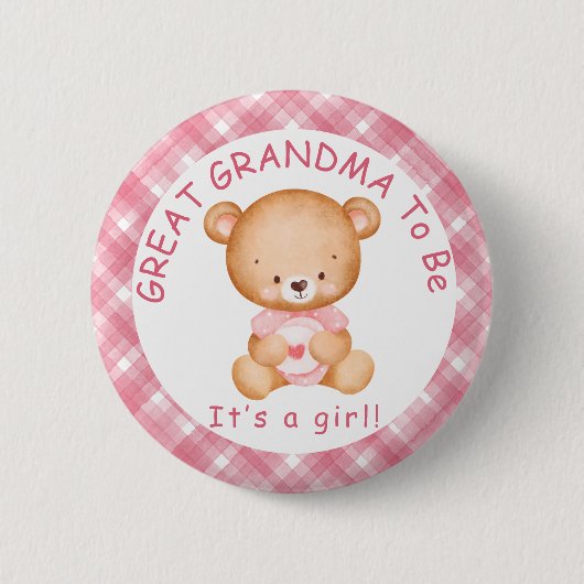 GREAT GRANDMA wird Pink Kariert Baby Dusche Button (Vorderseite)