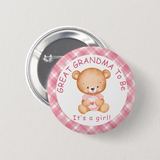 GREAT GRANDMA wird Pink Kariert Baby Dusche Button (Vorne & Hinten)