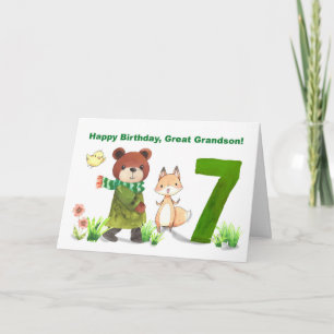 Great Grandson 7th Birthday Watercolor Bear Fox Karte