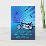 Great Grandson Birthday Motorrad Sunset Card Karte<br><div class="desc">Herzlichen Glückwunsch zum Geburtstag Urenkelkarte mit einem Motorrad. Eine perfekte Karte für einen Biker. Ein blaues Motorrad mit einem stilvollen Sonnenuntergang und fliegenden Vögeln. Jeder Radfreund wird Liebe haben,  eine solche Karte zu bekommen.</div>