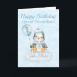 Great Grandson Blue Pinguin 1. Geburtstagskarte Karte<br><div class="desc">Eine niedliche Große Grandson 1. Geburtstagskarte für Pinguine. Auf der Karte befindet sich ein Pinguin, der auf einer Wolke sitzt und einen Ballon hält. Ein süßes Design für Ihren Urenkel oder Enkel, der 1 Jahr alt wird. Fügen Sie den Namen des Kindes an die Vorderseite der Karte, um ihn an...</div>