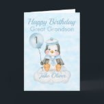 Great Grandson Blue Pinguin 1. Geburtstagskarte Karte<br><div class="desc">Eine niedliche Große Grandson 1. Geburtstagskarte für Pinguine. Auf der Karte befindet sich ein Pinguin, der auf einer Wolke sitzt und einen Ballon hält. Ein süßes Design für Ihren Urenkel oder Enkel, der 1 Jahr alt wird. Fügen Sie den Namen des Kindes an die Vorderseite der Karte, um ihn an...</div>