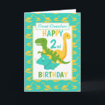 Great Grandson Dinosaur 2. Geburtstag Blau Karte<br><div class="desc">Eine lustige 2. Geburtstagskarte für Ihren Urenkel. Diese helle erste Geburtstagskarte bietet einen Cartoon grünen T-Rex Dinosaurier, einen gelben Brontosaurus und einen blauen Triceratops, ein Set auf einem blauen und gelben Dinosaurier Hintergrund Ein schönes niedliches Design für einen kleinen Jungen, der zwei Jahre alt sein wird. Das Geburtstagsalter und der...</div>