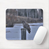 Great Gray Owl on Fence Post Winter Wildlife Foto Mousepad (Mit Mouse)