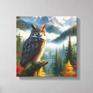 Great Horned Owl in Herbstsaison Wasserfarbe Leinwanddruck