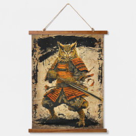 Great Horned Owl Samurai Warrior - Japanischer Tin Wandteppich Mit Holzrahmen