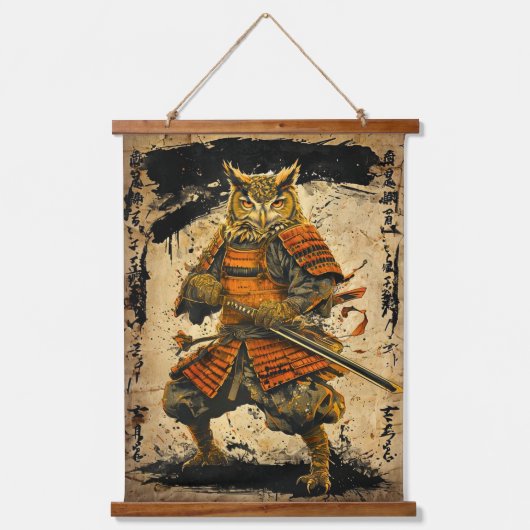 Great Horned Owl Samurai Warrior - Japanischer Tin Wandteppich Mit Holzrahmen (Vorderseite)
