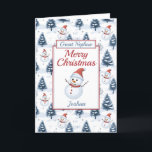 Great Nephew Frohe Weihnachtsschneemann Feiertagskarte<br><div class="desc">Eine schöne Weihnachtskarte für Neffen. Niedliche Schneemänner mit roten Weihnachtsmannmützen und Schals und schneebedeckte blauschneebedeckte Tannenbäume auf schneebedecktem Hintergrund. Der gesamte Text kann nach Bedarf geändert werden, um ihn anzupassen - den großen Neffen zu Neffen, Enkel, Sohn oder Bruder zu ändern, dann mit einem Namen und einer inneren Nachricht zu...</div>