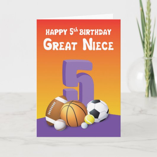 Great Niece 5th Birthday Sports Balls Karte (Vorderseite)